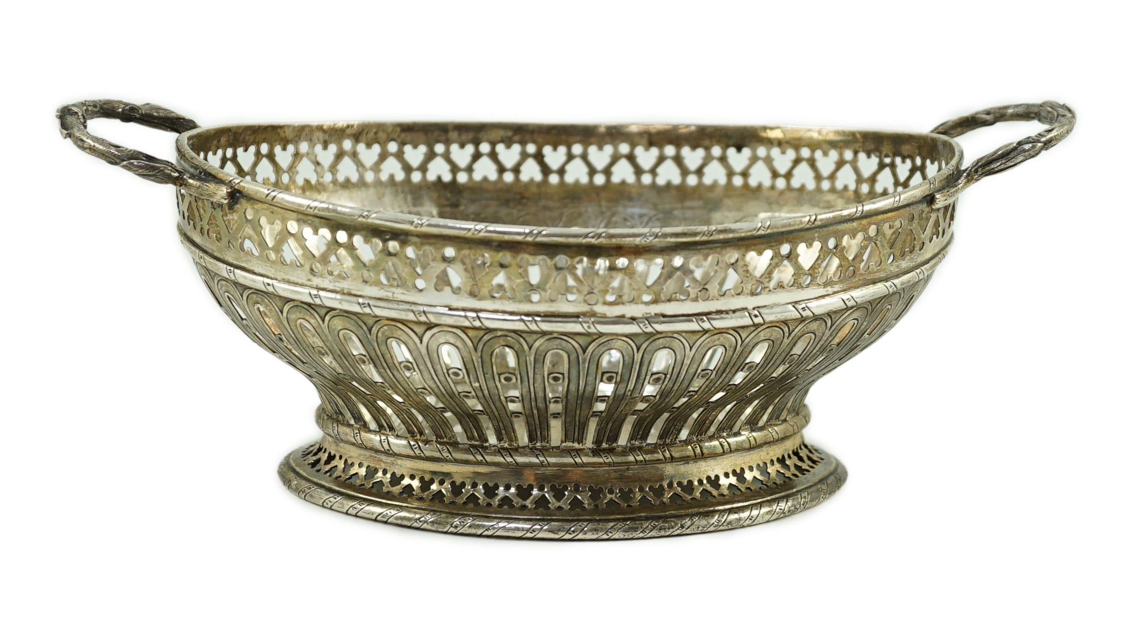 A late 19th century Hanau pierced silver oval two handled basket
